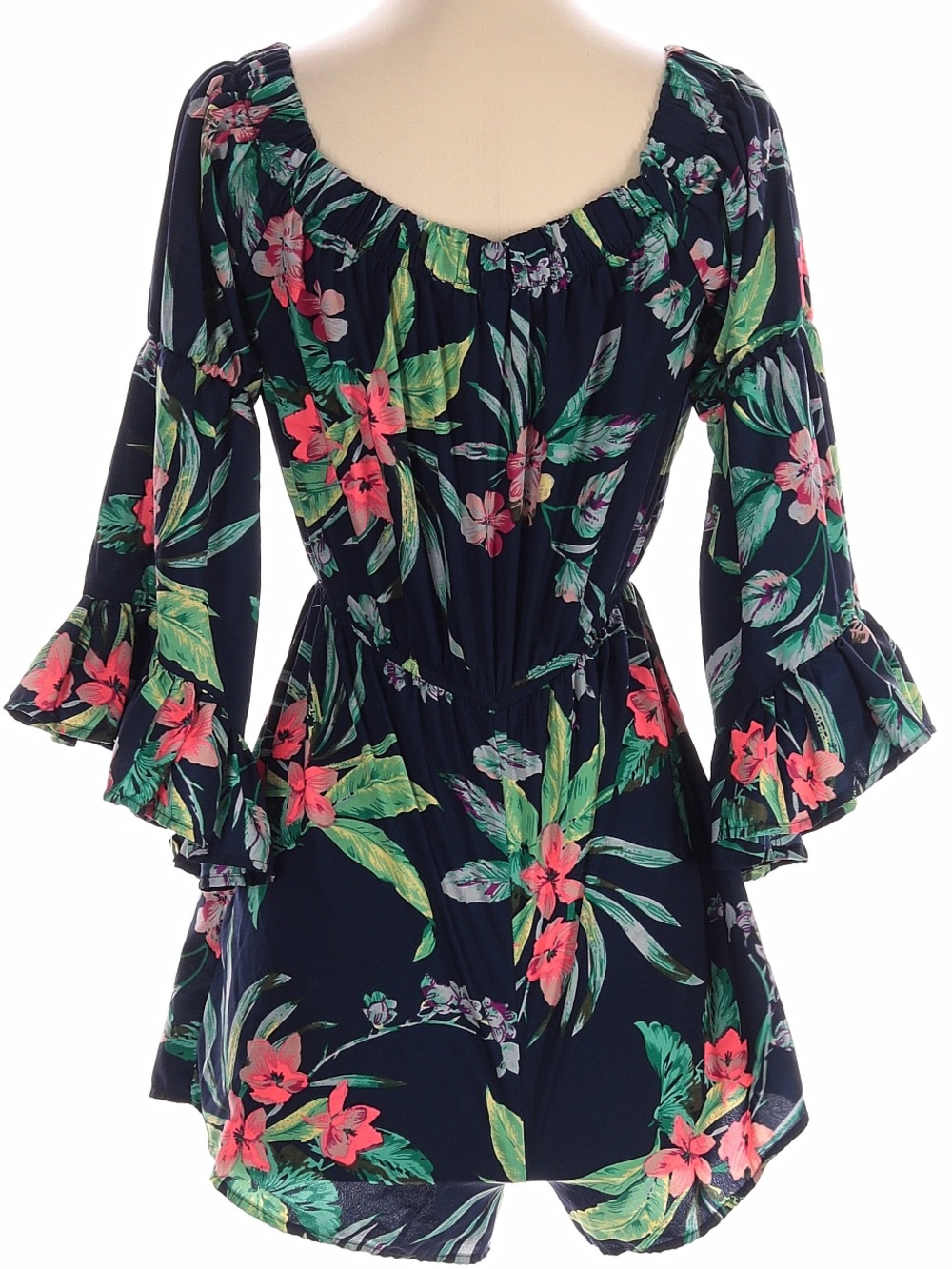 Navy Floral Off-Shoulder Romper. Ruffle Bell Sleeves. Size XL. Tropical